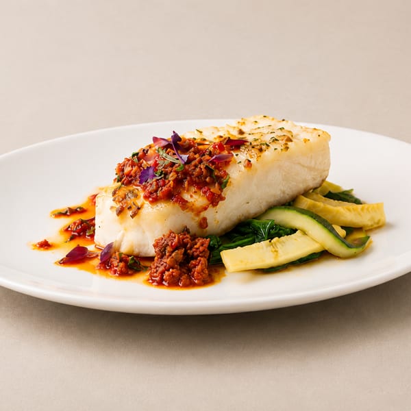 Pan-seared fish with red pepper relish, zucchini, and spinach on a white plate.