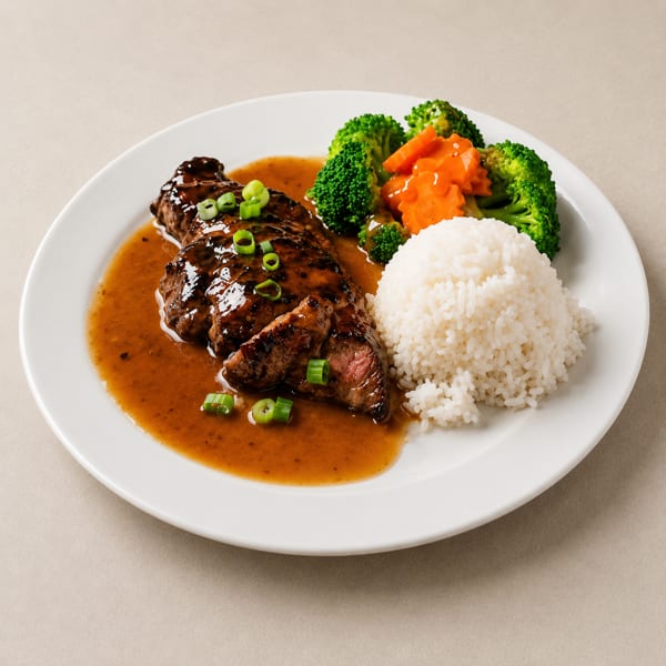 Grilled steak with brown sauce, white rice, broccoli, and carrot slices on a white plate.
