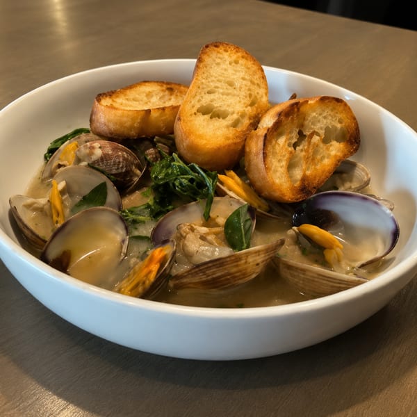 A white bowl filled with clams in a creamy sauce, garnished with fresh greens and toasted bread.