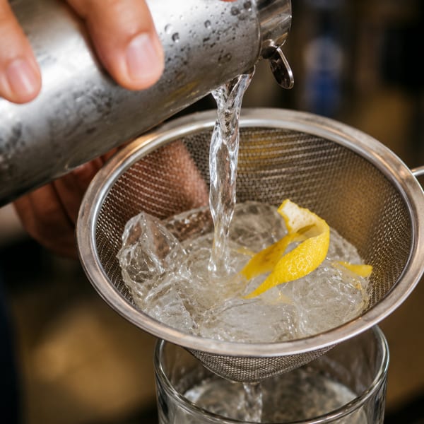 A bartender pours a clear drink from a cocktail shaker through a strainer with ice and lemon peel.