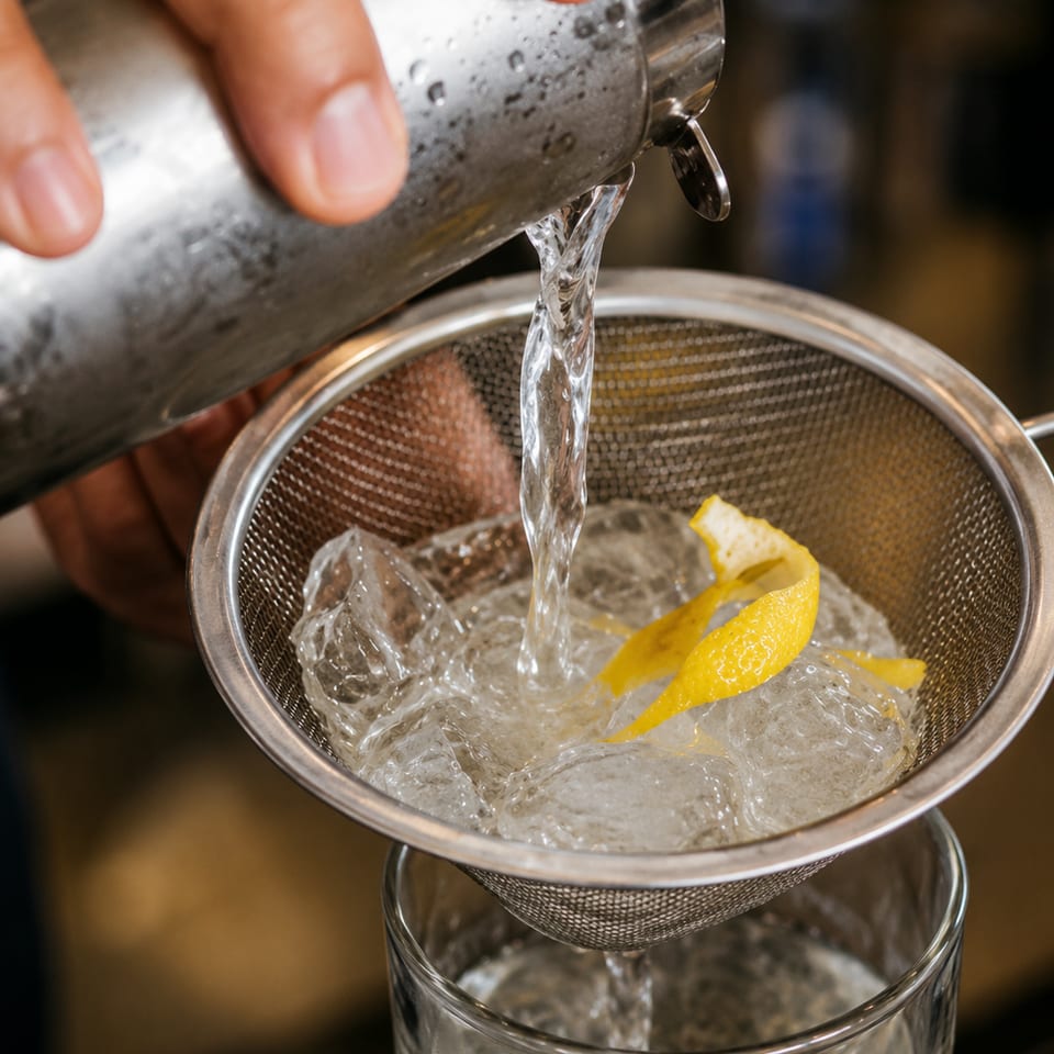 A bartender pours a clear drink from a cocktail shaker through a strainer with ice and lemon peel.