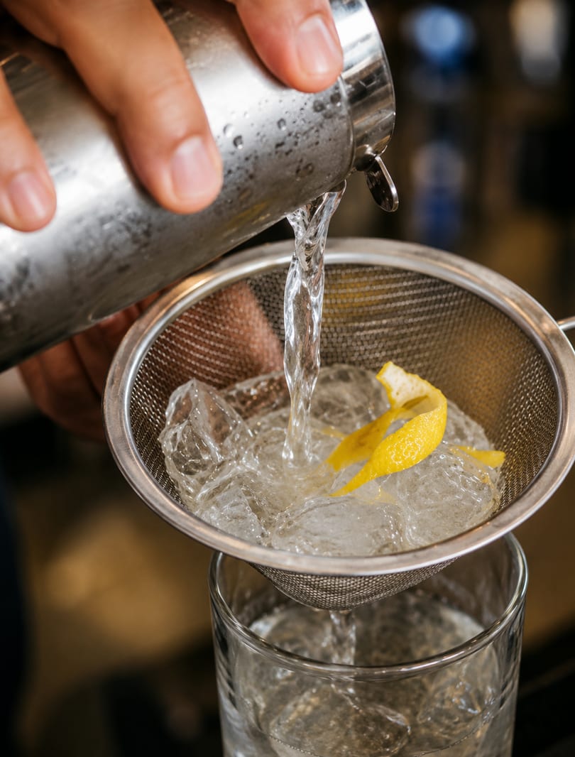 A bartender pours a clear drink from a cocktail shaker through a strainer with ice and lemon peel.