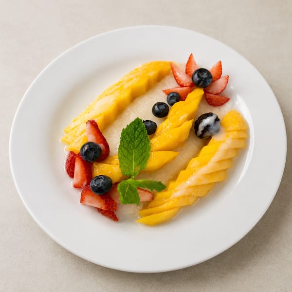 Sliced mangoes, strawberries, blueberries, and mint leaves arranged on a white plate with sauce.