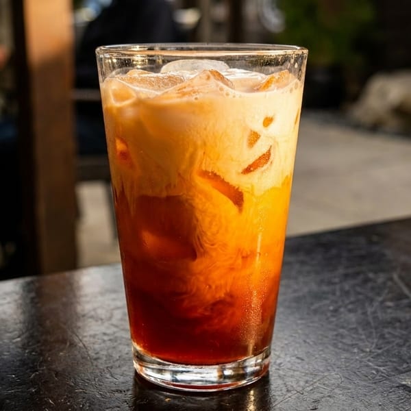 A tall glass of Thai iced tea with ice and creamy white swirls sits on a dark table.