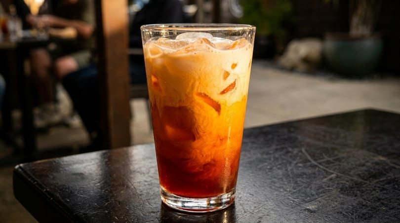 A tall glass of Thai iced tea with ice and creamy white swirls sits on a dark table.