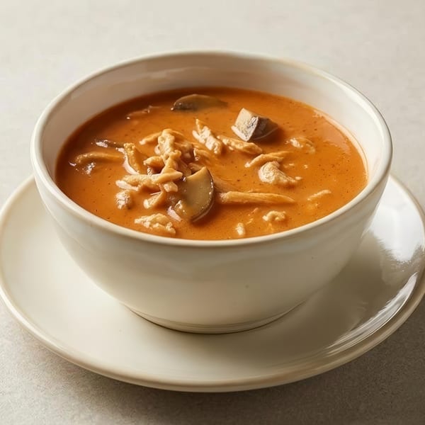 A white bowl of creamy orange soup with mushrooms and chicken, on a white saucer.