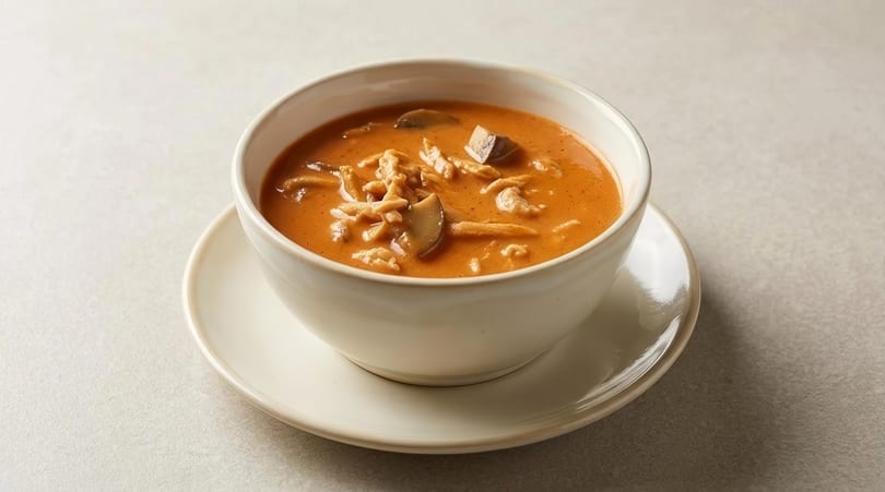 A white bowl of creamy orange soup with mushrooms and chicken, on a white saucer.