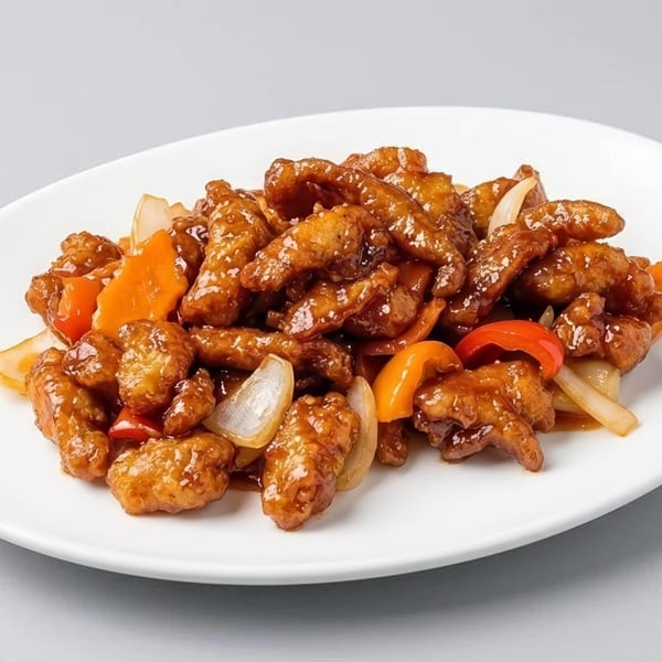 Sweet and sour chicken with bell peppers, carrots, and onions on a white oval plate.