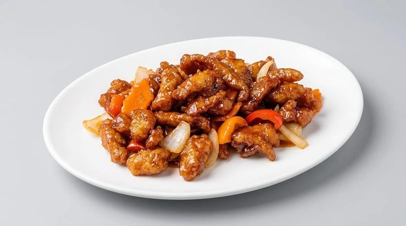 Sweet and sour chicken with bell peppers, carrots, and onions on a white oval plate.