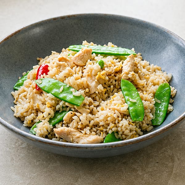 Chicken fried rice with snow peas and red pepper in a gray bowl.