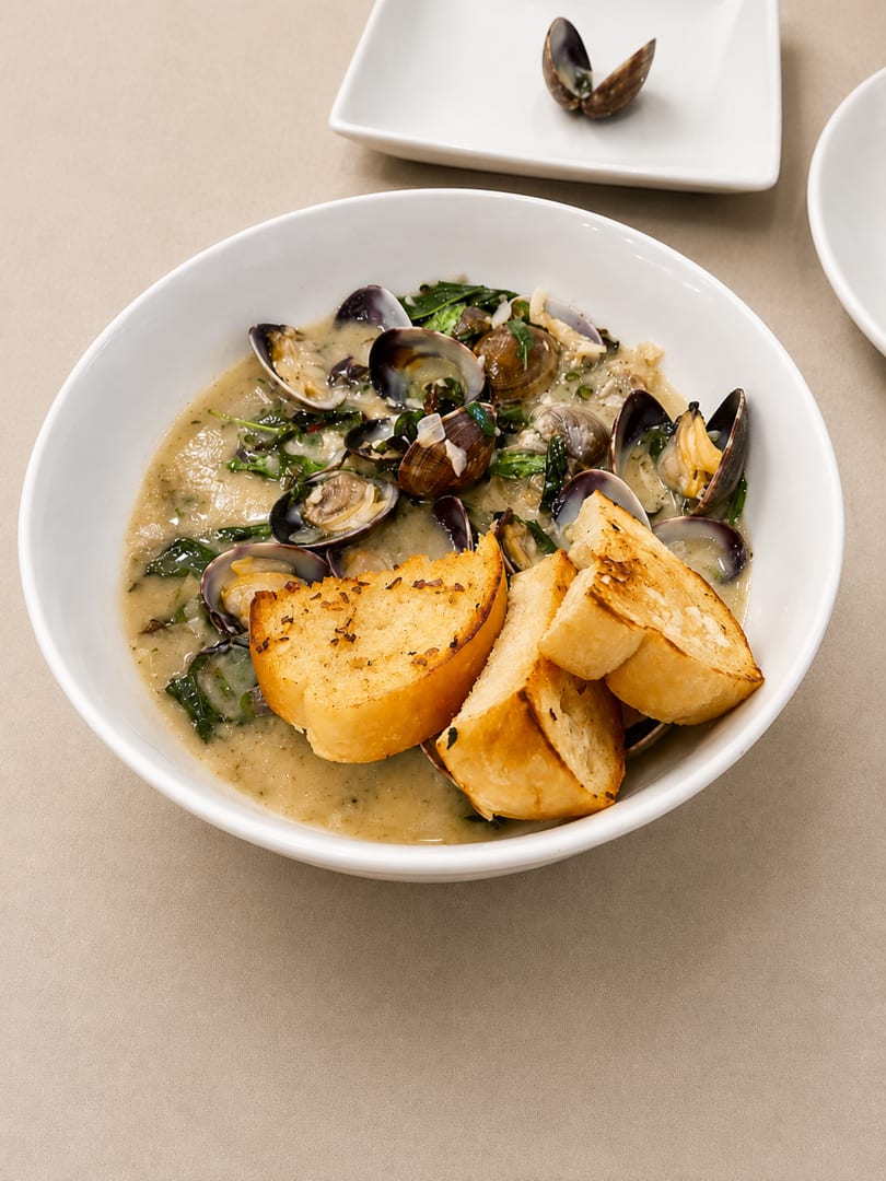 Clams in a creamy sauce with greens and toasted bread in a white bowl.
