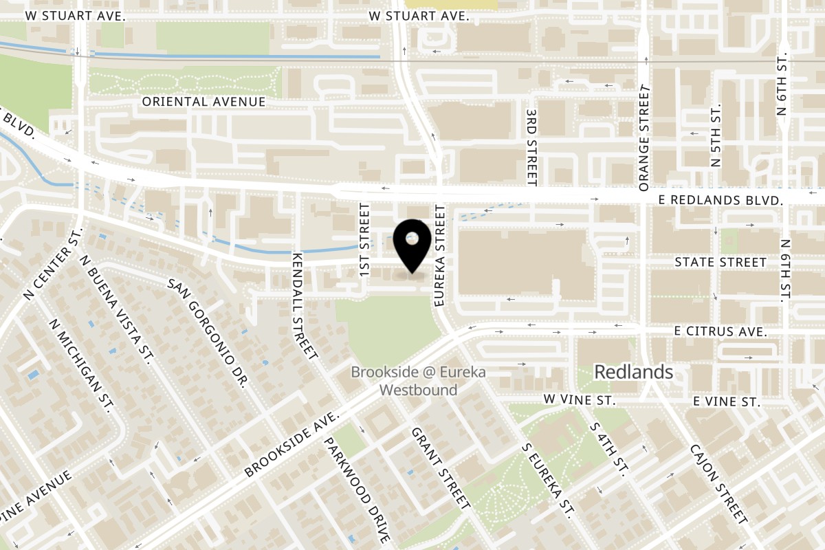 Map showing the location of MU Restaurant on 309 W State St in Redlands